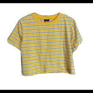 Zine Cropped Yellow TShirt with Blue/White stripes size large